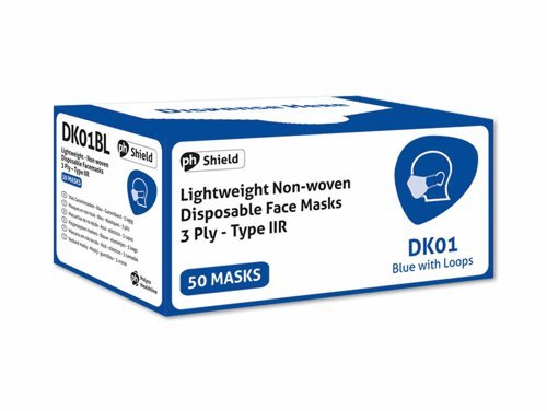 Facemasks 3 Ply Type IIR Lightweight Non-woven Disposable Blue DK01BL - Pack 50