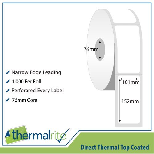 Direct Thermal Labels 101x152mm 76mm core 1000 Labels per Roll - Pack 10