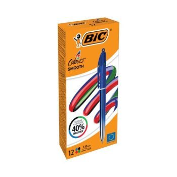 Bic 4 Colours Smooth Pro Blue Ballpoint Pens Black Blue Green Red Ink 524091 - Pack 12
