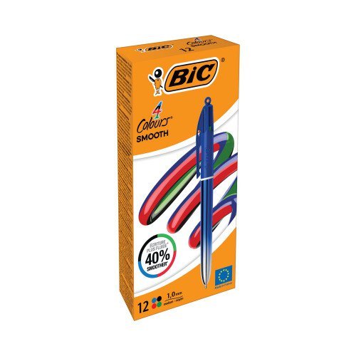 Bic 4 Colours Smooth Pro Blue Ballpoint Pens Black Blue Green Red Ink 524091 - Pack 12