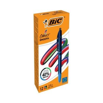 Bic 4 Colours Smooth Black Ballpoint Pens Black Blue Green Red Ink 524095 - Pack 12