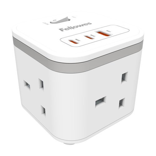 Fellowes Power Cube 3x230v 1xUSB-A 2x USB-C Socket 2m Cable White - 100137166
