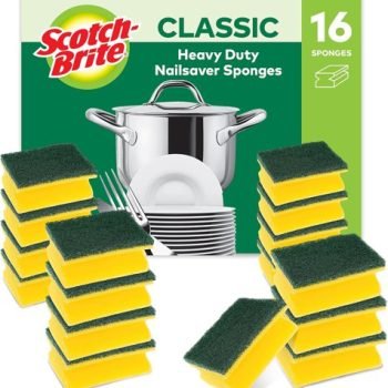 Scotch-Brite Classic Nail Saver Heavy Duty Scrub Sponges Yellow And Green 7100248034 - Pack 16