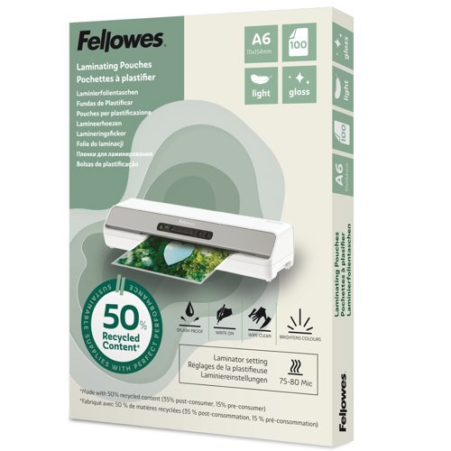 Fellowes Recycled Laminating Pouches A6 Gloss 160 Micron (2x80) 100143441 - Pack 100