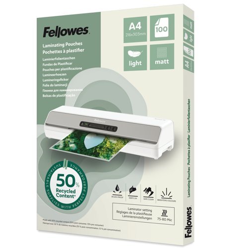 Fellowes Recycled Laminating Pouches A4 Matt 160 Micron (2x80) 100143435 - Pack 100