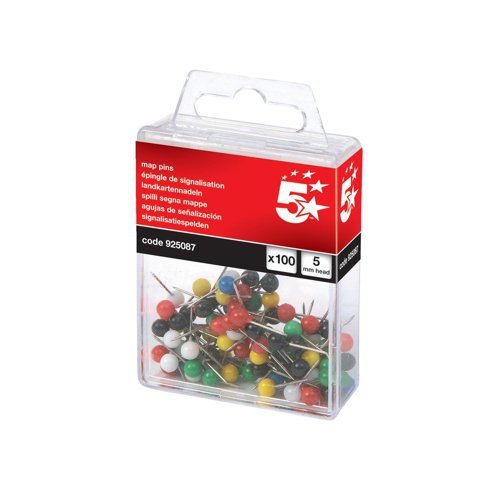 Map Pins 5mm Head Assorted - Pack 100