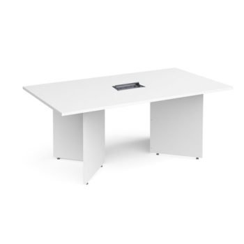 Arrow head leg rectangular boardroom table 1800mm x 1000mm in white with central cutout and Aero power module - BUNDEB18-WH-AERO