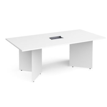Arrow head leg rectangular boardroom table 2000mm x 1000mm in white with central cutout and Aero power module - BUNDEB20-WH-AERO
