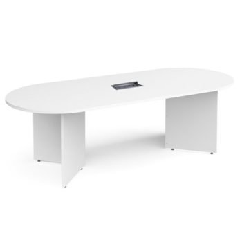 Arrow head leg radial end boardroom table 2400mm x 1000mm in white with central cutout and Aero power module - BUNDEB24-WH-AERO