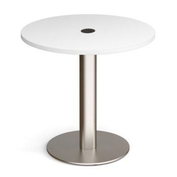 Monza circular dining table 800mm in white with central circular cutout and Ion power module in black - BUNDMDC-WHION-K
