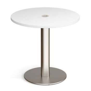 Monza circular dining table 800mm in white with central circular cutout and Ion power module in white - BUNDMDC-WHION-WH