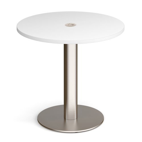 Monza circular dining table 800mm in white with central circular cutout and Ion power module in white - BUNDMDC-WHION-WH