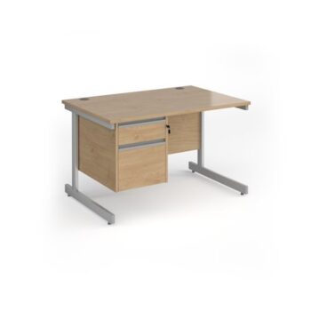 Contract 25 straight desk with 2 drawer pedestal and silver cantilever leg 1200mm x 800mm - Kendal Oak Top - CC12S2-S-KO