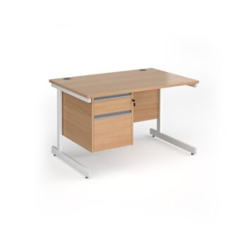 Contract 25 straight desk with 2 drawer pedestal and white cantilever leg 1200mm x 800mm - Beech top - CC12S2-WH-B