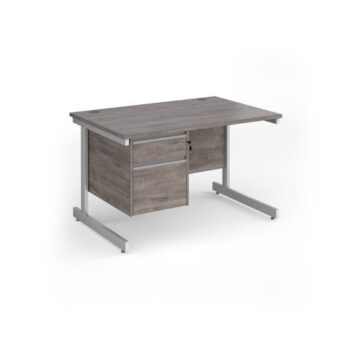 Contract 25 straight desk with 2 drawer pedestal and white cantilever leg 1200mm x 800mm - Grey Oak Top - CC12S2-WH-GO