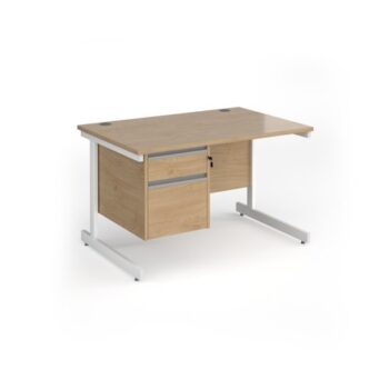 Contract 25 straight desk with 2 drawer pedestal and white cantilever leg 1200mm x 800mm - Kendal Oak Top - CC12S2-WH-KO