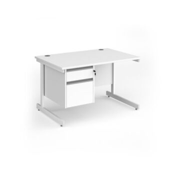 Contract 25 straight desk with 2 drawer pedestal and white cantilever leg 1200mm x 800mm - White Top - CC12S2-WH-WH