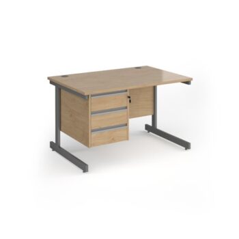 Contract 25 straight desk with 3 drawer pedestal and graphite cantilever leg 1200mm x 800mm - Kendal Oak Top - CC12S3-G-KO