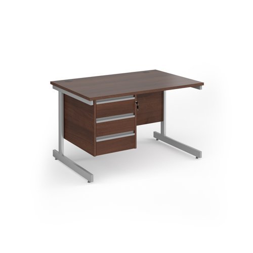 Contract 25 straight desk with 3 drawer pedestal and silver cantilever leg 1200mm x 800mm - Walnut top - CC12S3-S-W