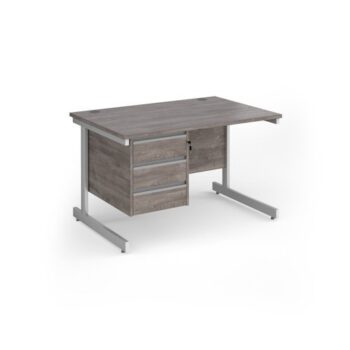 Contract 25 straight desk with 3 drawer pedestal and white cantilever leg 1200mm x 800mm - Grey Oak Top - CC12S3-WH-GO