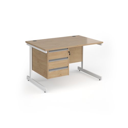 Contract 25 straight desk with 3 drawer pedestal and white cantilever leg 1200mm x 800mm - Kendal Oak Top - CC12S3-WH-KO