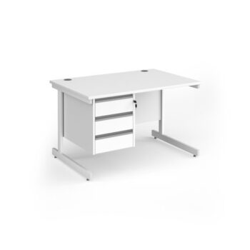 Contract 25 straight desk with 3 drawer pedestal and white cantilever leg 1200mm x 800mm - White Top - CC12S3-WH-WH
