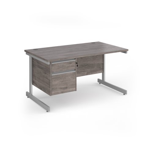 Contract 25 straight desk with 2 drawer pedestal and silver cantilever leg 1400mm x 800mm - Grey Oak Top - CC14S2-S-GO