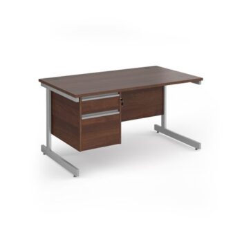 Contract 25 straight desk with 2 drawer pedestal and silver cantilever leg 1400mm x 800mm - Walnut top - CC14S2-S-W