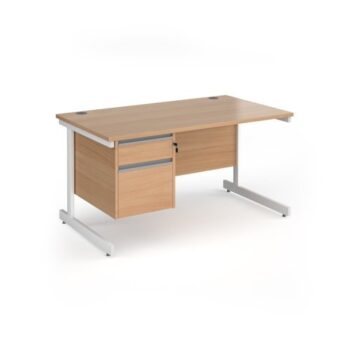 Contract 25 straight desk with 2 drawer pedestal and white cantilever leg 1400mm x 800mm - Beech top - CC14S2-WH-B