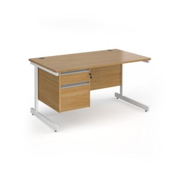 Contract 25 straight desk with 2 drawer pedestal and white cantilever leg 1400mm x 800mm - Oak Top - CC14S2-WH-O