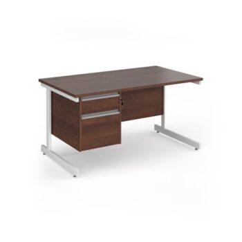 Contract 25 straight desk with 2 drawer pedestal and white cantilever leg 1400mm x 800mm - Walnut top - CC14S2-WH-W