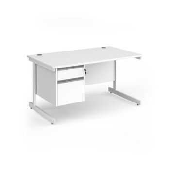 Contract 25 straight desk with 2 drawer pedestal and white cantilever leg 1400mm x 800mm - White Top - CC14S2-WH-WH
