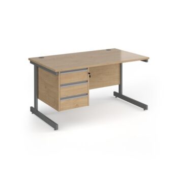 Contract 25 straight desk with 3 drawer pedestal and graphite cantilever leg 1400mm x 800mm - Kendal Oak Top - CC14S3-G-KO