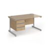 Contract 25 straight desk with 3 drawer pedestal and silver cantilever leg 1400mm x 800mm - Kendal Oak Top - CC14S3-S-KO