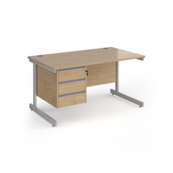 Contract 25 straight desk with 3 drawer pedestal and silver cantilever leg 1400mm x 800mm - Kendal Oak Top - CC14S3-S-KO