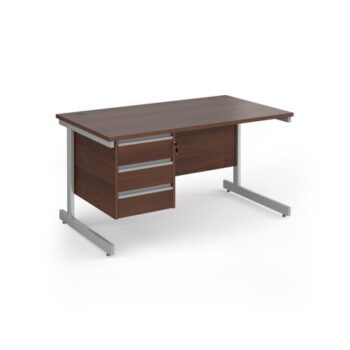 Contract 25 straight desk with 3 drawer pedestal and silver cantilever leg 1400mm x 800mm - Walnut top - CC14S3-S-W