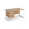 Contract 25 straight desk with 3 drawer pedestal and white cantilever leg 1400mm x 800mm - Beech top - CC14S3-WH-B