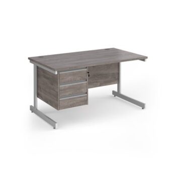 Contract 25 straight desk with 3 drawer pedestal and white cantilever leg 1400mm x 800mm - Grey Oak Top - CC14S3-WH-GO