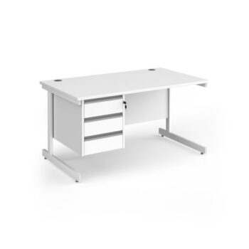 Contract 25 straight desk with 3 drawer pedestal and white cantilever leg 1400mm x 800mm - White Top - CC14S3-WH-WH