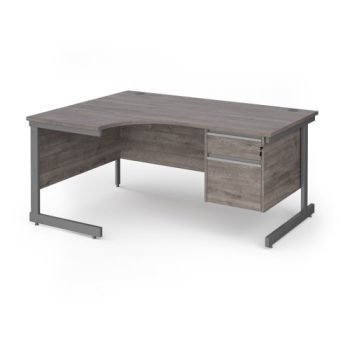 Contract 25 left hand ergonomic desk with 2 drawer pedestal and graphite cantilever leg 1600mm - Grey Oak Top - CC16EL2-G-GO