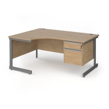 Contract 25 left hand ergonomic desk with 2 drawer pedestal and graphite cantilever leg 1600mm - Kendal Oak Top - CC16EL2-G-KO