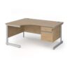 Contract 25 left hand ergonomic desk with 2 drawer pedestal and silver cantilever leg 1600mm - Kendal Oak Top - CC16EL2-S-KO
