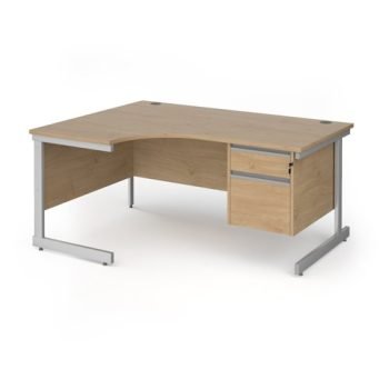 Contract 25 left hand ergonomic desk with 2 drawer pedestal and silver cantilever leg 1600mm - Kendal Oak Top - CC16EL2-S-KO