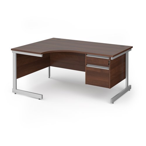 Contract 25 left hand ergonomic desk with 2 drawer pedestal and silver cantilever leg 1600mm - Walnut top - CC16EL2-S-W