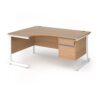 Contract 25 left hand ergonomic desk with 2 drawer pedestal and white cantilever leg 1600mm - Beech top - CC16EL2-WH-B