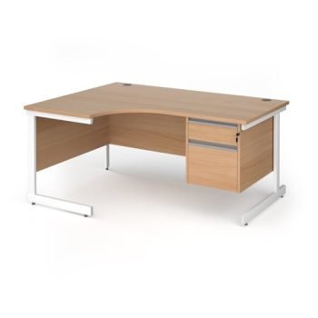 Contract 25 left hand ergonomic desk with 2 drawer pedestal and white cantilever leg 1600mm - Beech top - CC16EL2-WH-B