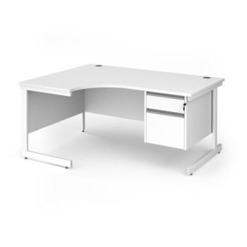 Contract 25 left hand ergonomic desk with 2 drawer pedestal and white cantilever leg 1600mm - White Top - CC16EL2-WH-WH