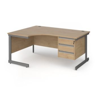 Contract 25 left hand ergonomic desk with 3 drawer pedestal and graphite cantilever leg 1600mm - Kendal Oak Top - CC16EL3-G-KO