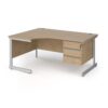 Contract 25 left hand ergonomic desk with 3 drawer pedestal and silver cantilever leg 1600mm - Kendal Oak Top - CC16EL3-S-KO