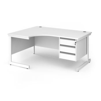 Contract 25 left hand ergonomic desk with 3 drawer pedestal and white cantilever leg 1600mm - White Top - CC16EL3-WH-WH